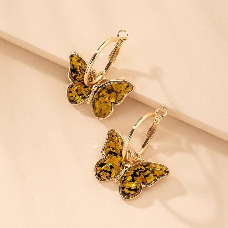 Boucles d'oreilles avec des Papillons Multicolores en Or