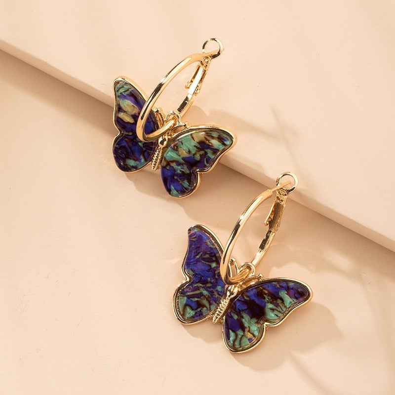 Boucles d'oreilles avec des Papillons Multicolores en Or
