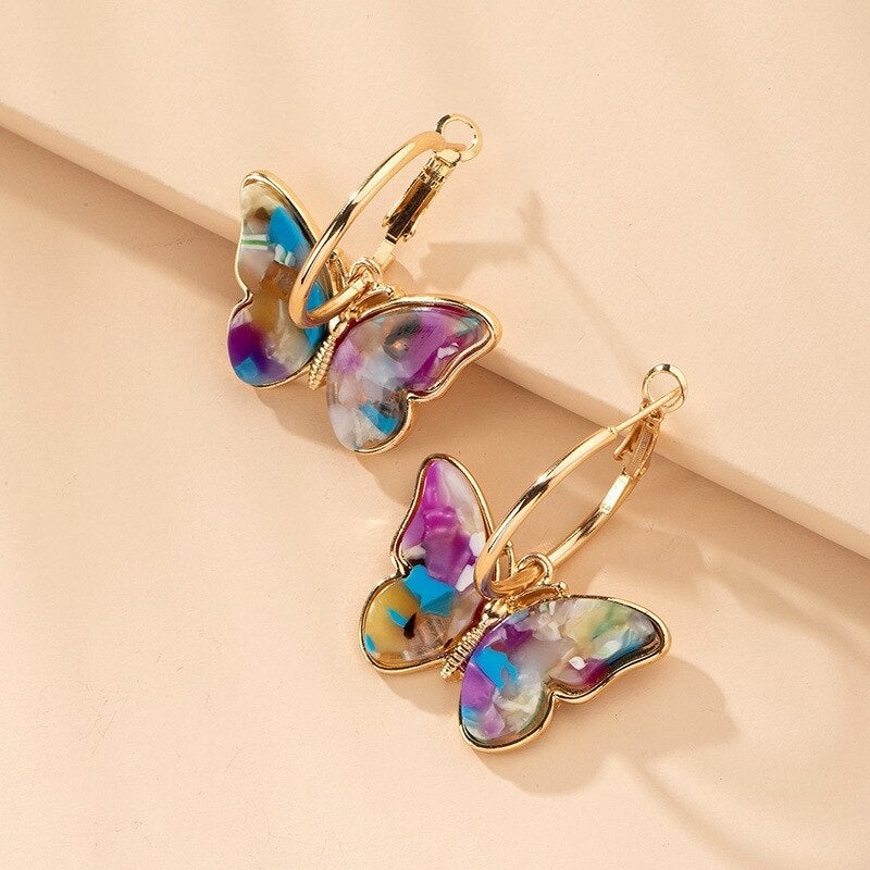 Boucles d'oreilles avec des Papillons Multicolores en Or